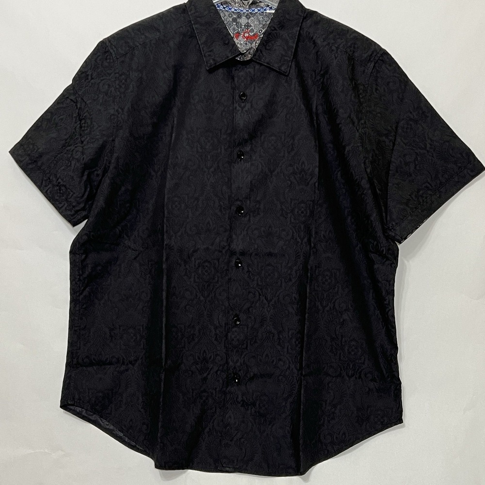 Robert Graham Woven Button Short Sleeve Shirt Geometric Black Embroidered 2XL